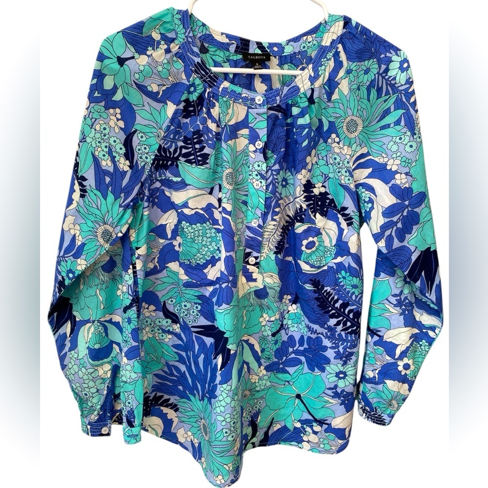 Talbots Floral Bohemian Top Women’s Small Long Sleeve Button Up Band Collar